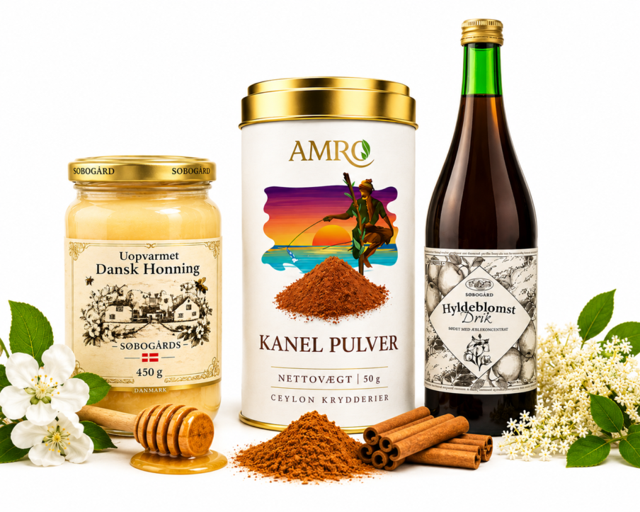 Dansk sommer gavepakke med lynghonning, marmelade og hyldeblomstdrik