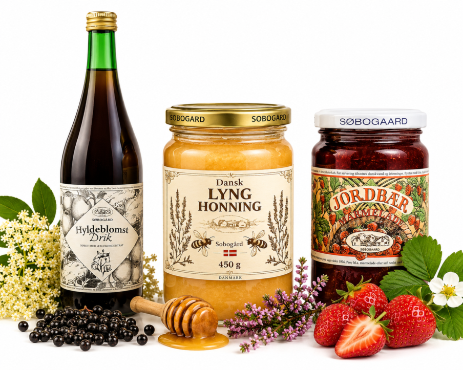 Dansk sommer gavepakke med lynghonning, marmelade og hyldeblomstdrik
